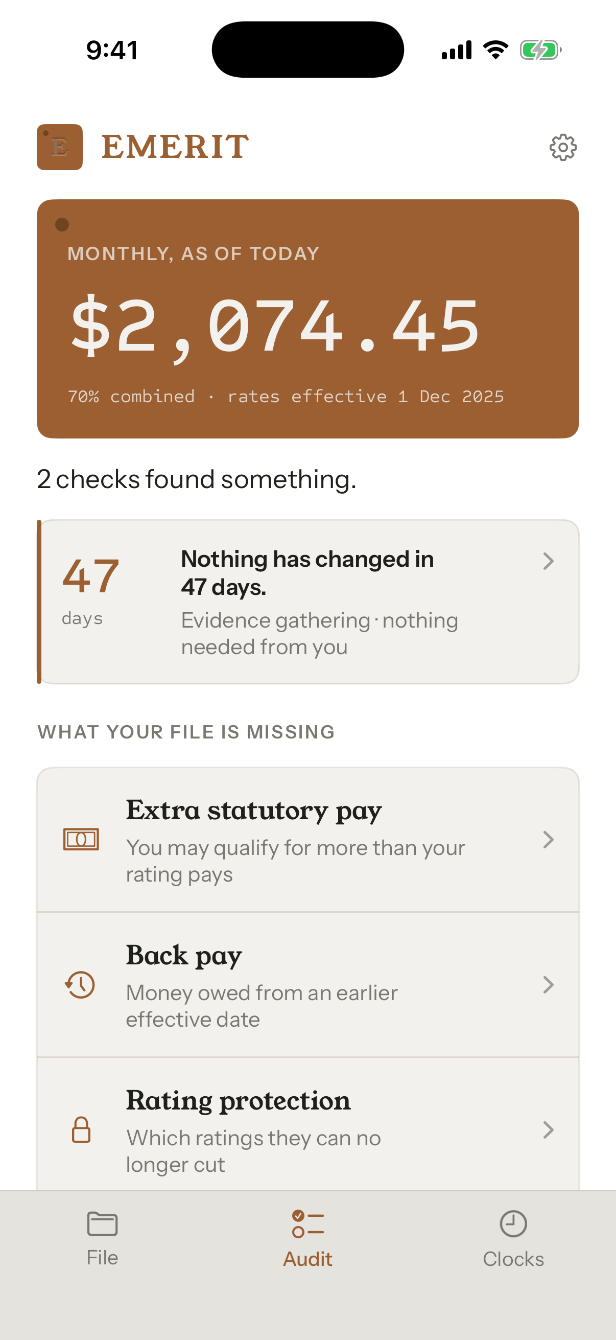 Emerit showing a combined 70% rating paying $2,074.45 a month, with two checks that found something.