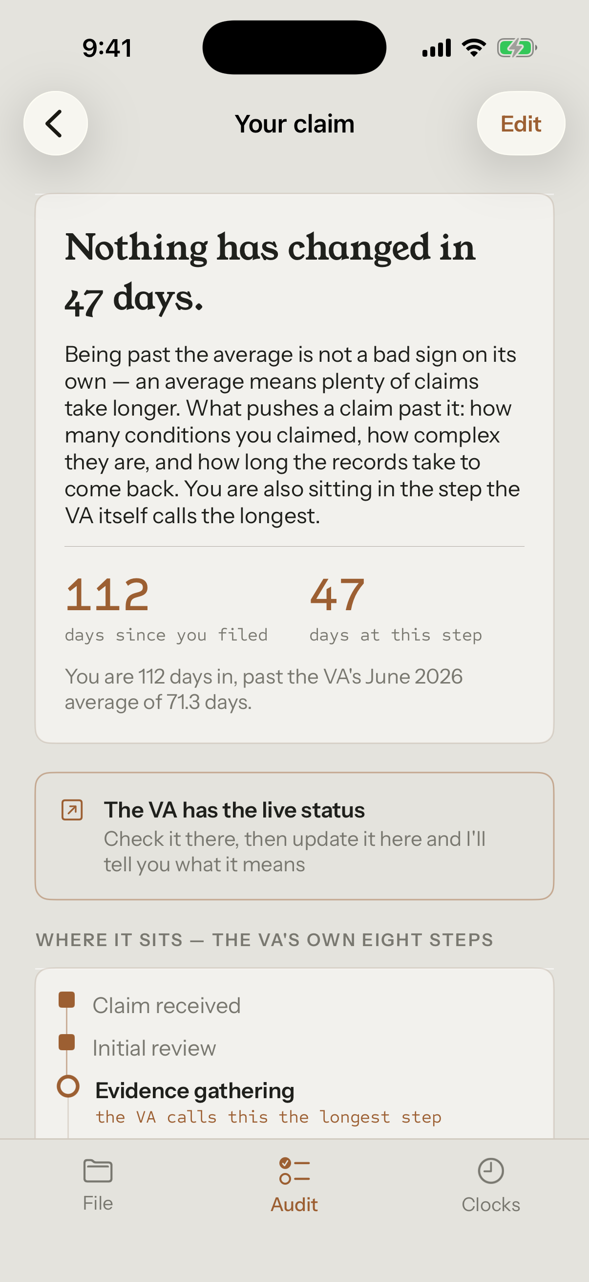 Emerit's claim screen showing 112 days since filing, 47 days at the current step, and an explanation of what being past the VA average does and does not mean.
