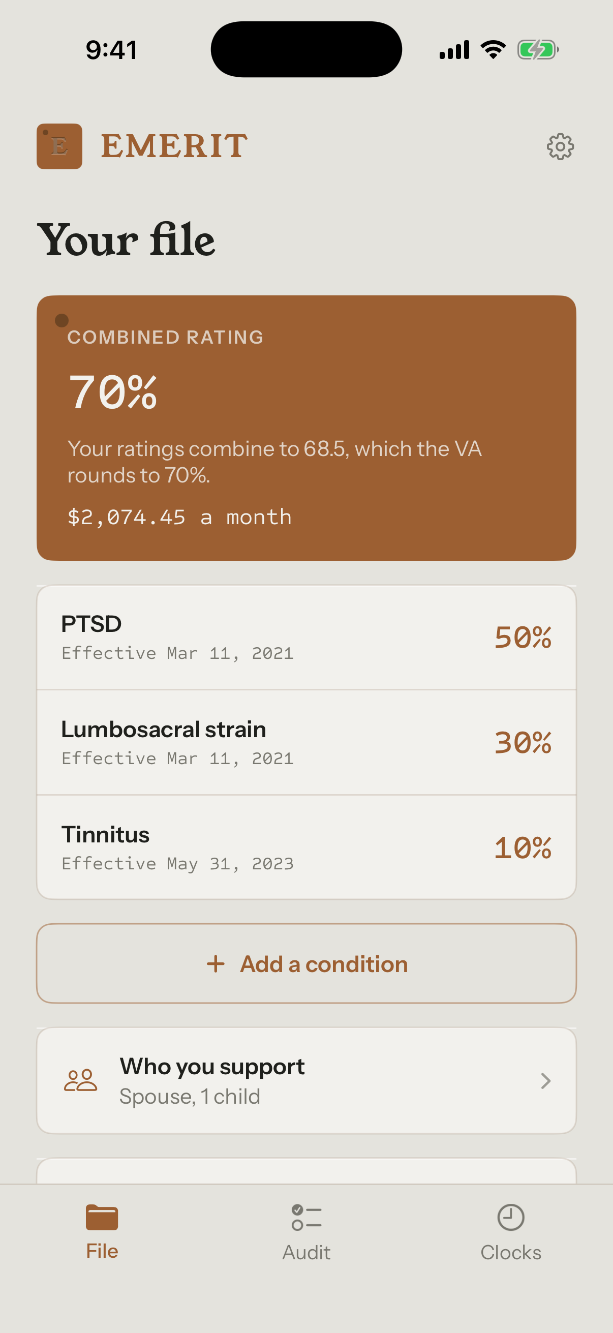 Emerit's file screen: a combined 70% rating paying $2,074.45 a month, above three rated conditions — PTSD at 50%, lumbosacral strain at 30% and tinnitus at 10% — each showing its effective date.